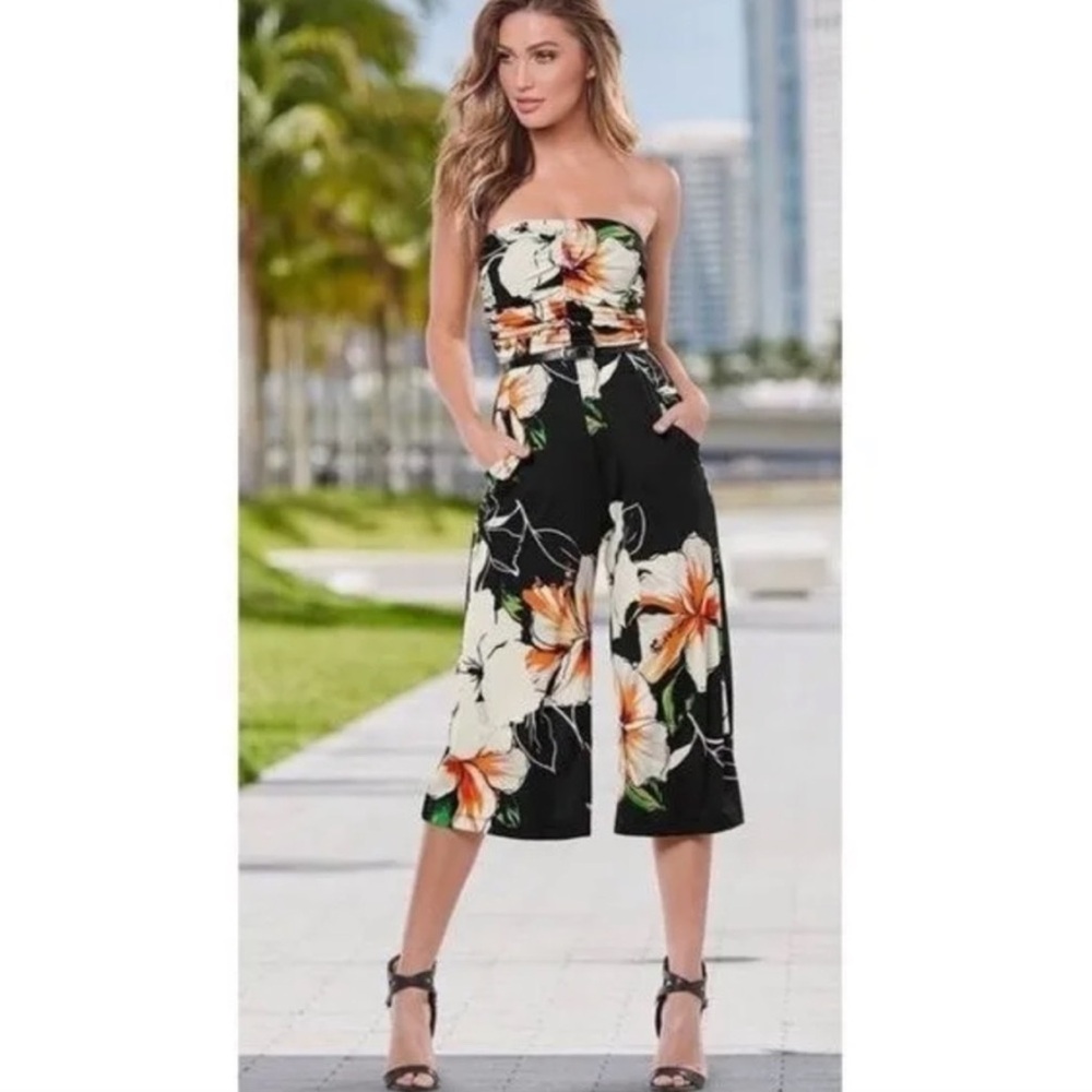 Venus floral print culottes jumpsuit ruched strapless stretchy romper.